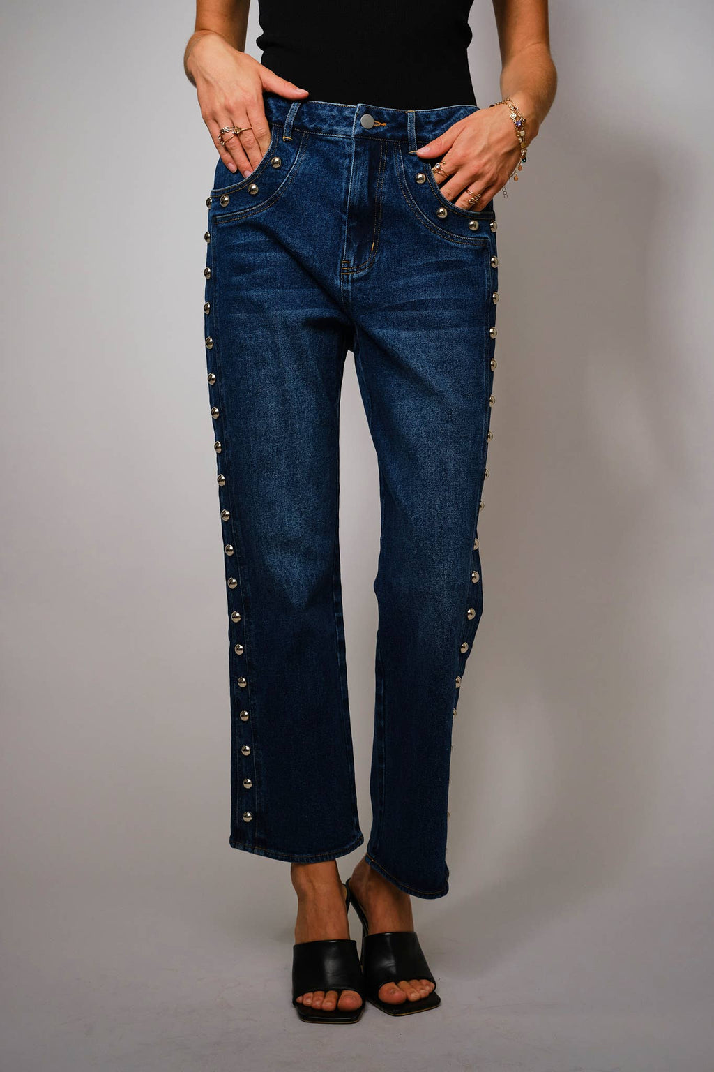 Studded High Rise Straight Fit Jeans