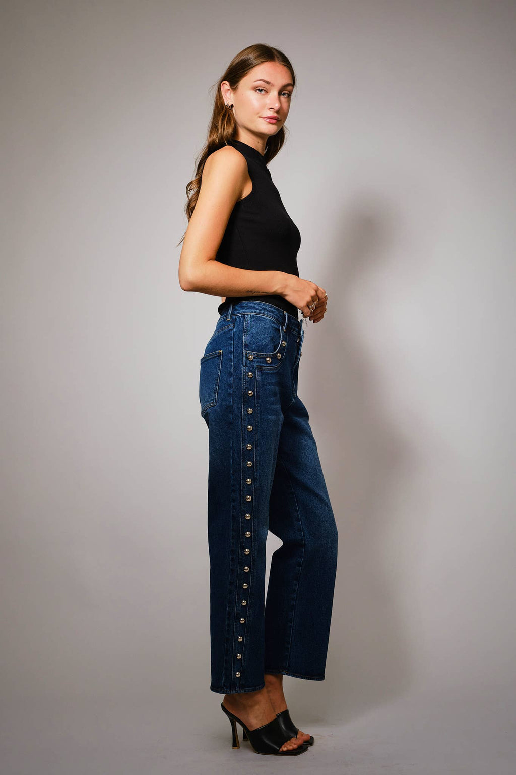 Studded High Rise Straight Fit Jeans