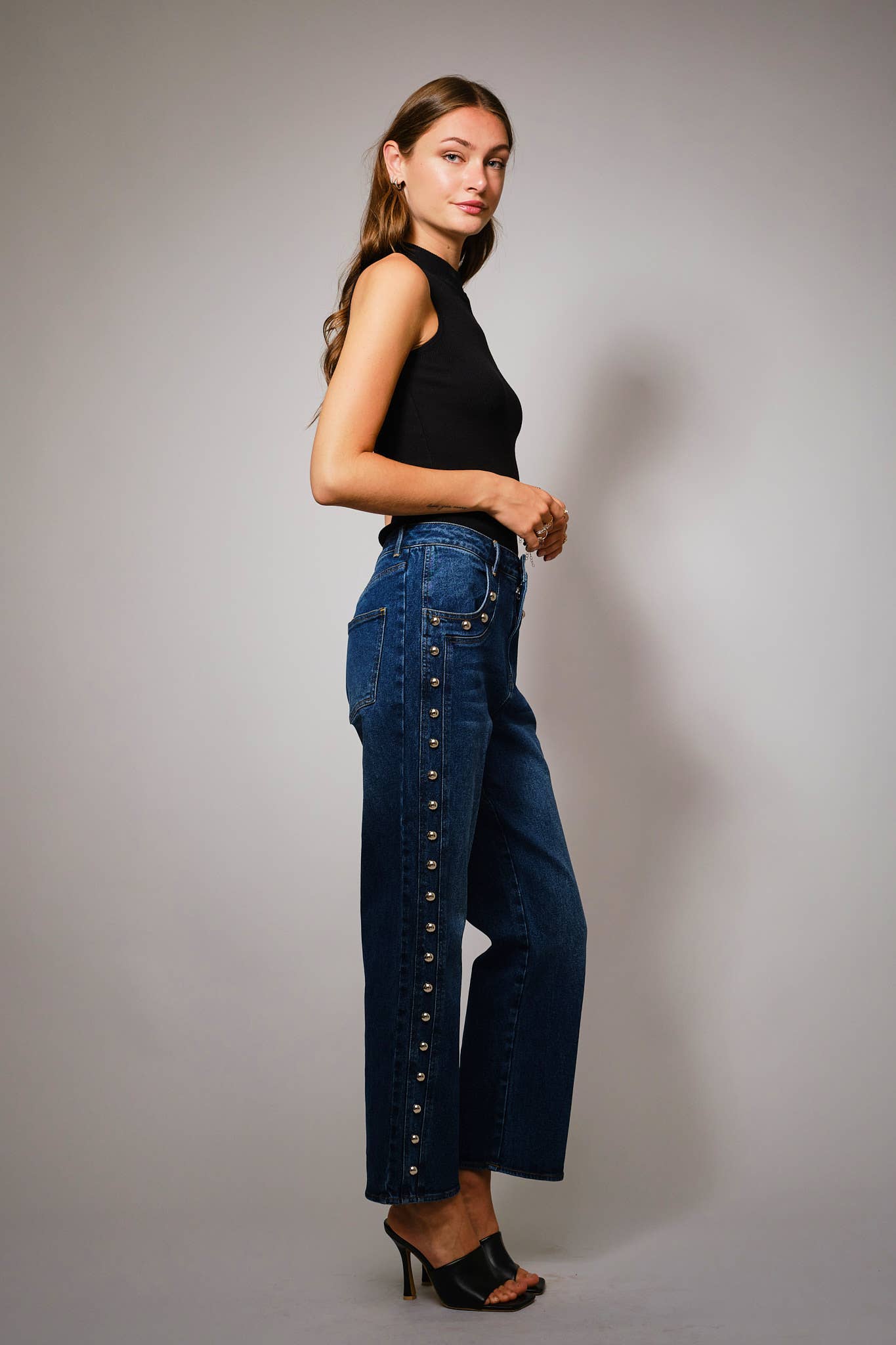 Studded High Rise Straight Fit Jeans