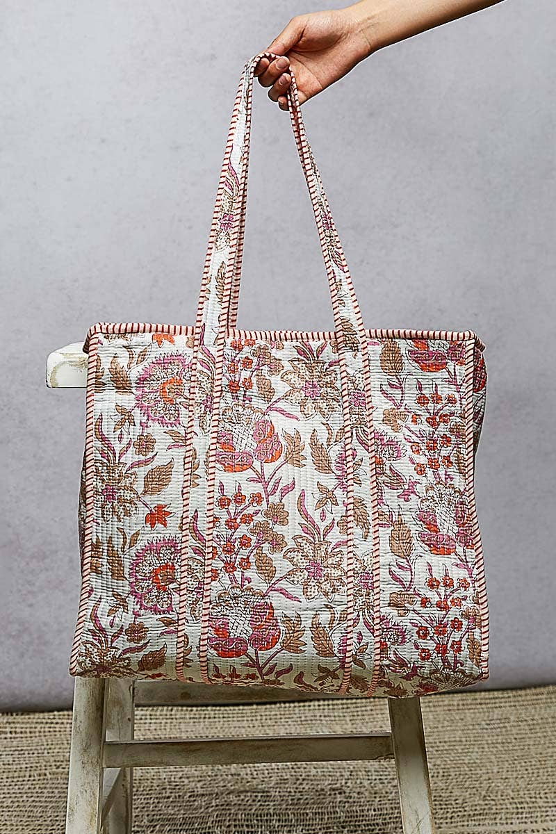 Quilted Ivory & Pink Tote