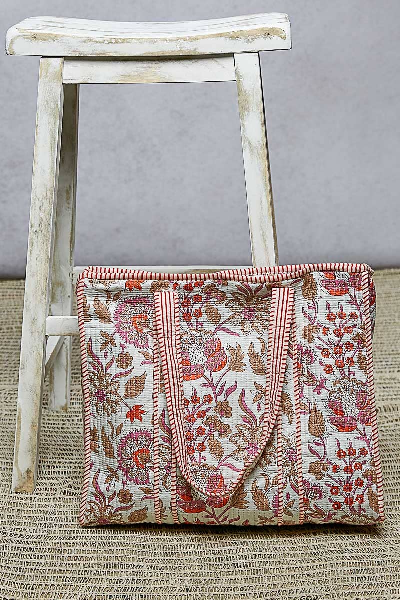 Quilted Ivory & Pink Tote