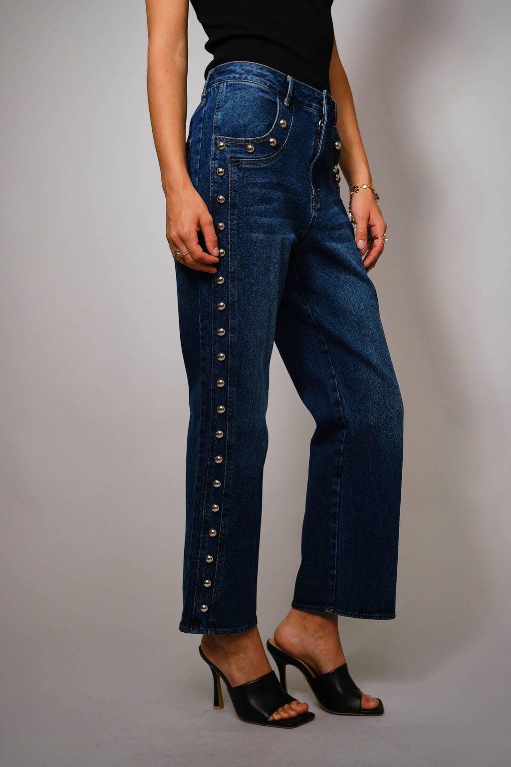 Studded High Rise Straight Fit Jeans