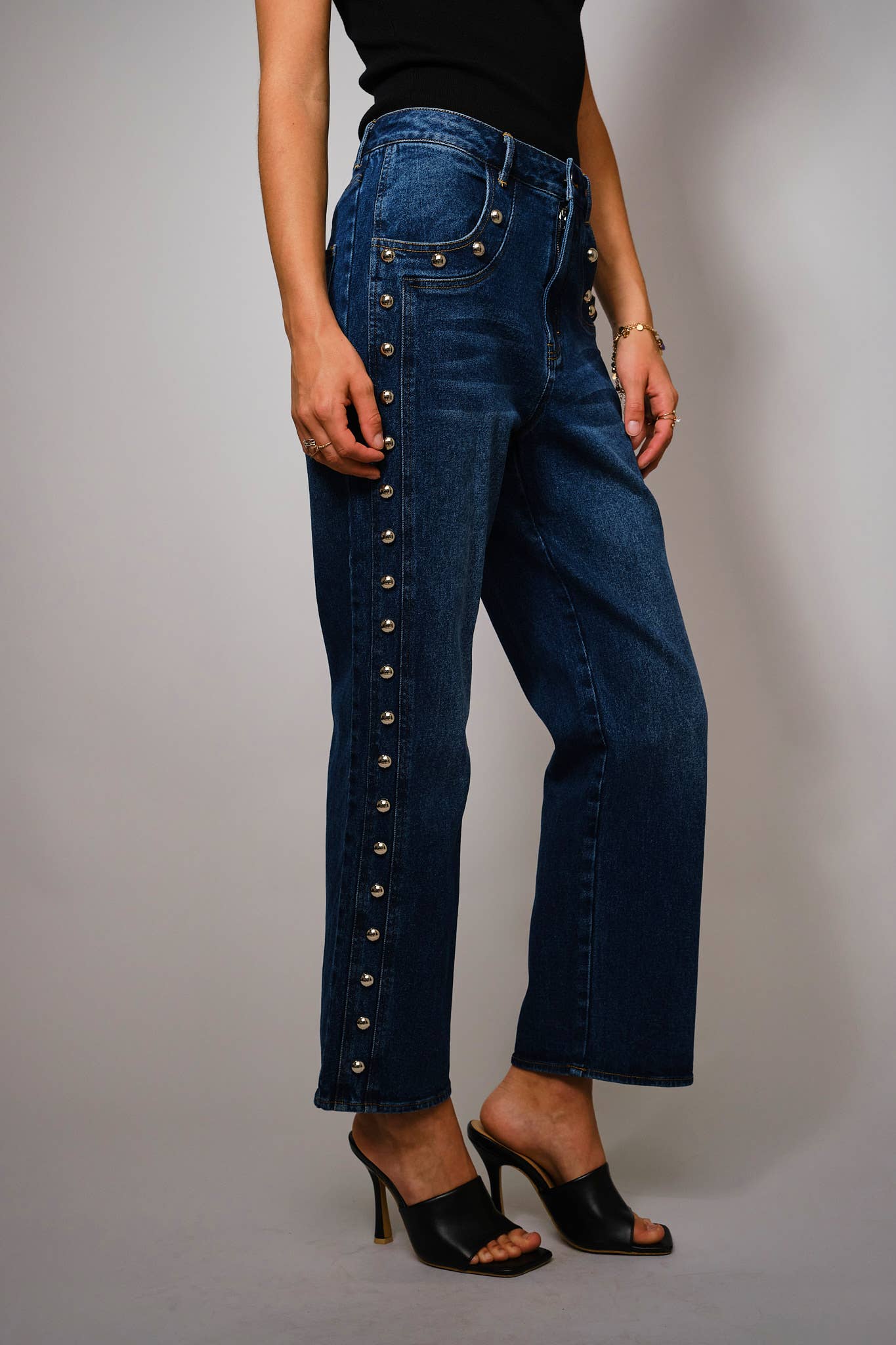 Studded High Rise Straight Fit Jeans