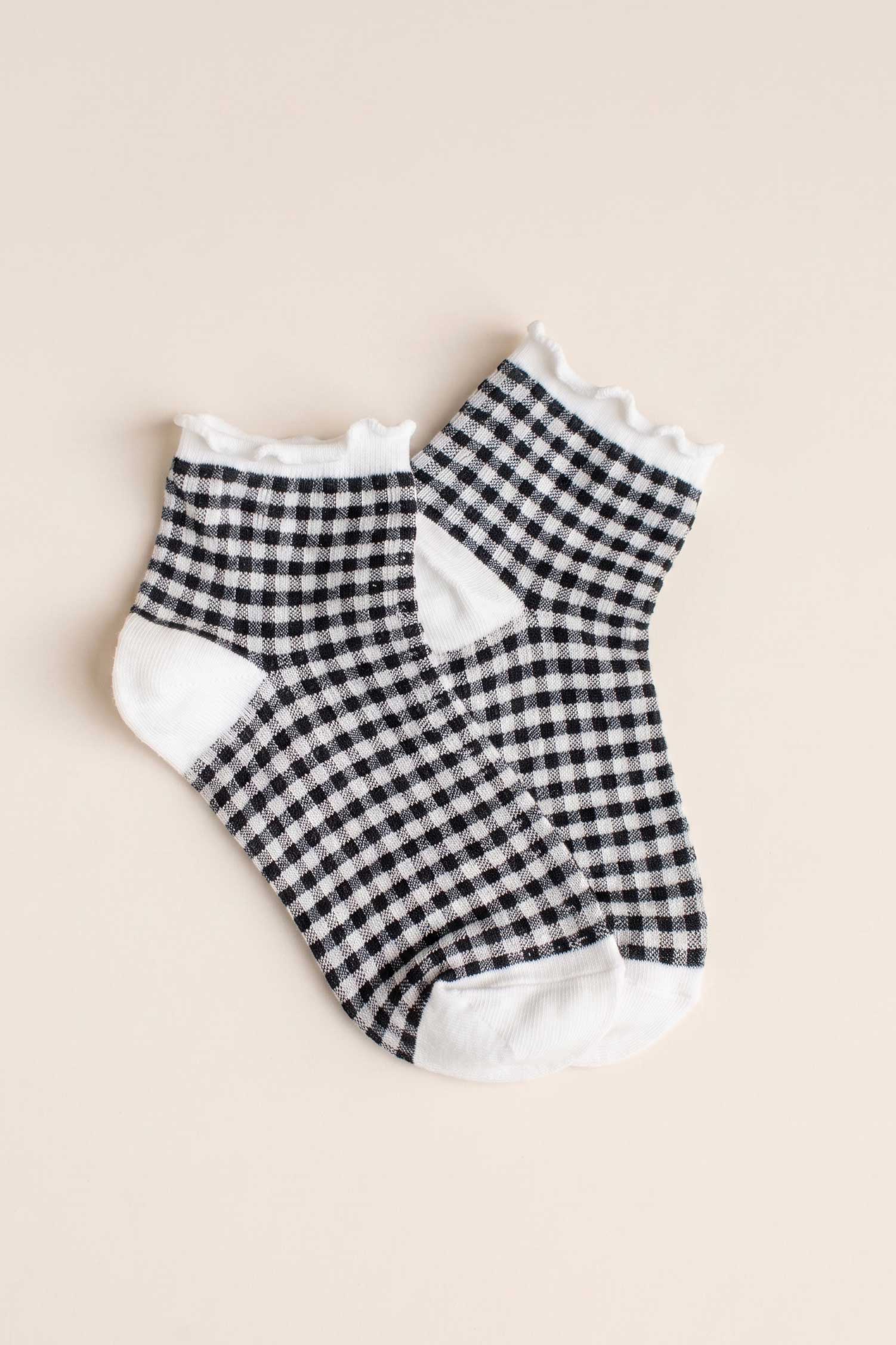 Gingham Ruffle Socks - Black