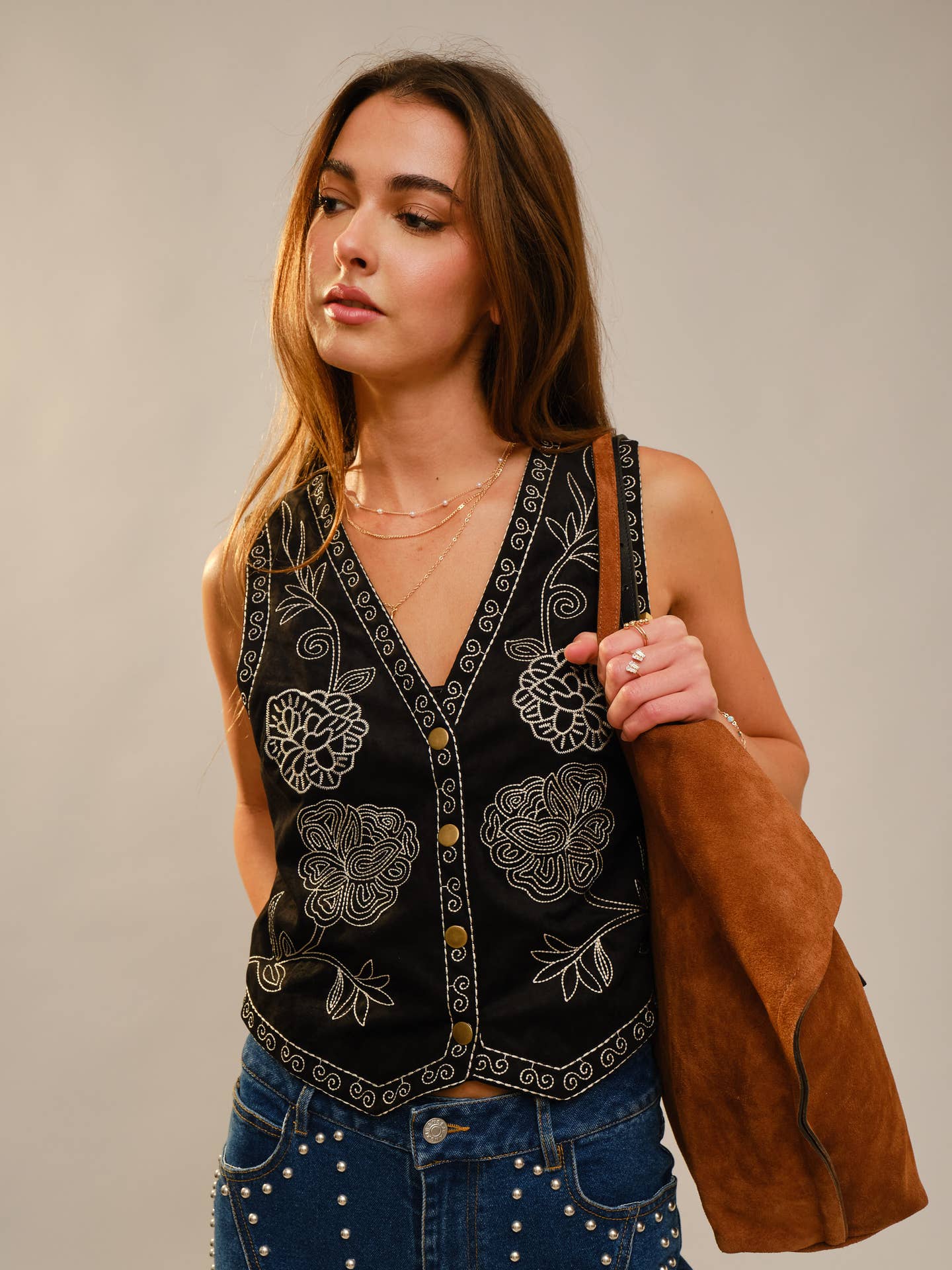 Embroidered Suede Vest