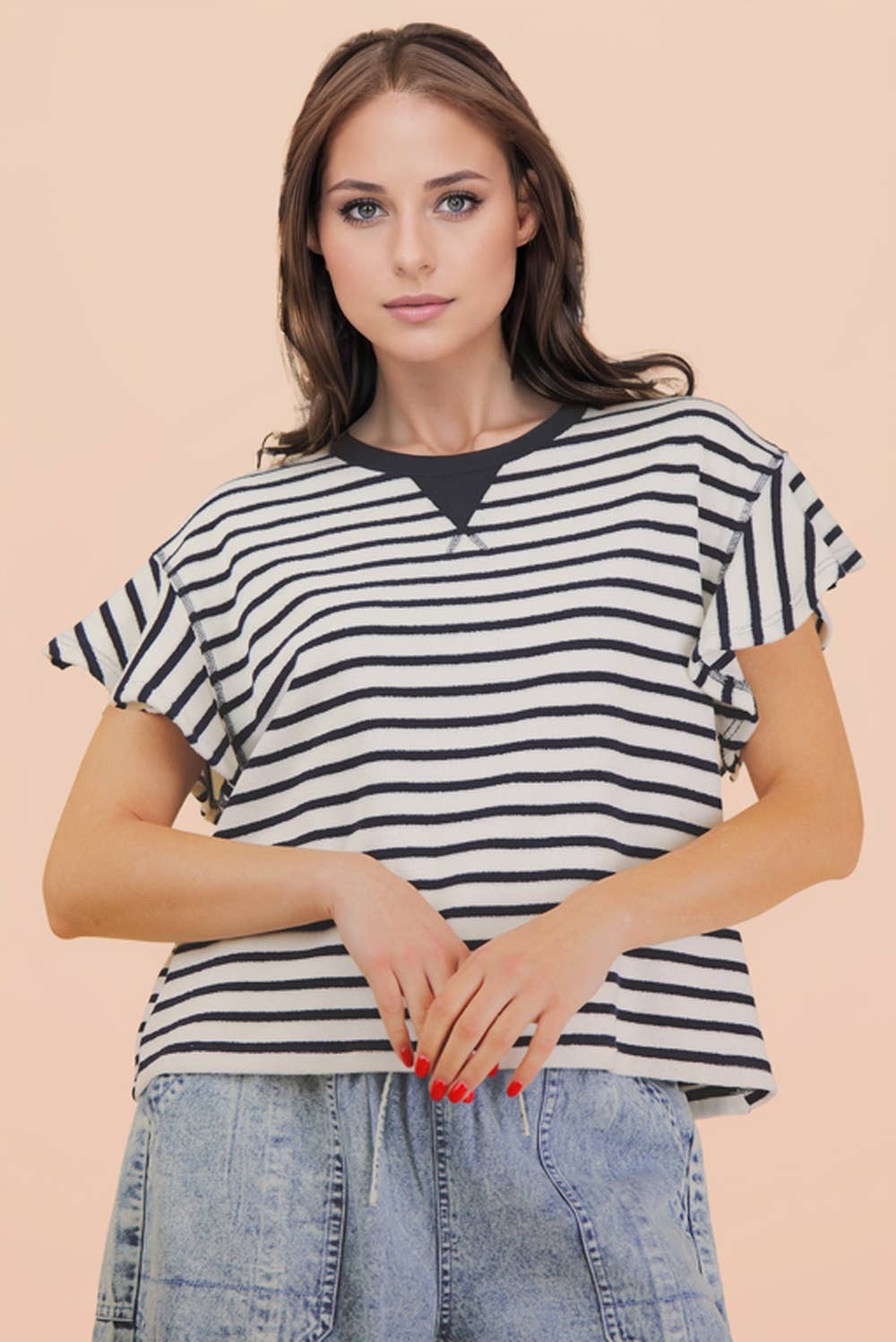 Oatmeal Stripe Ruffle Tee