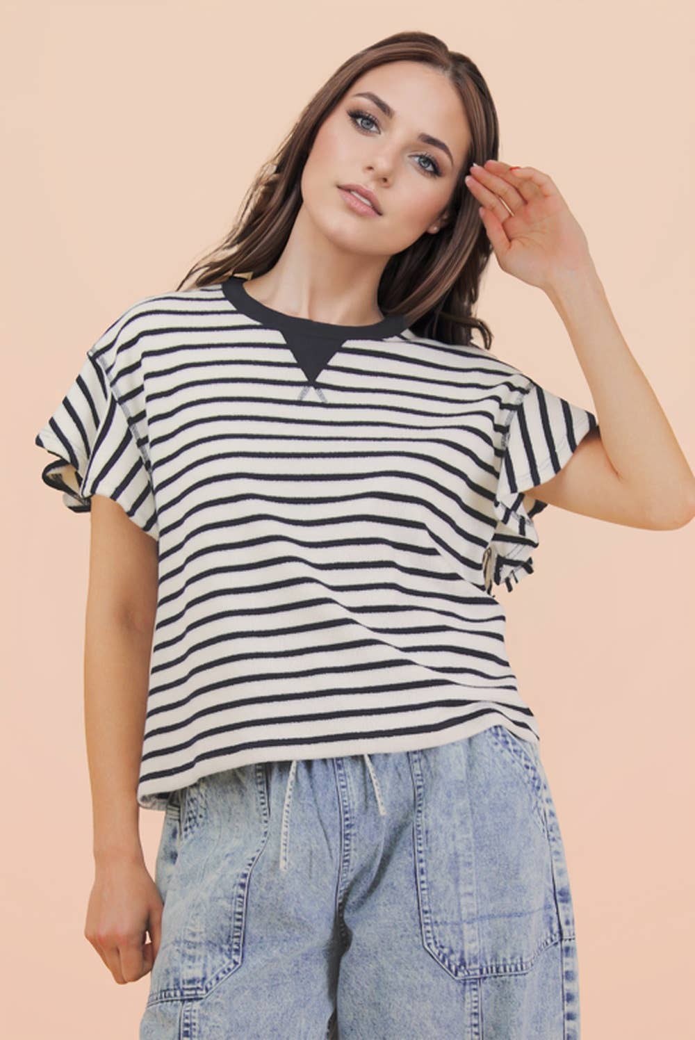 Oatmeal Stripe Ruffle Tee