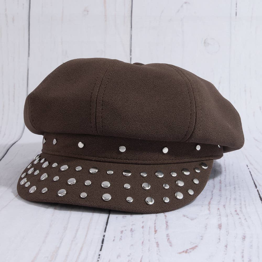 Studded Suede Cabbie Hat - Brown