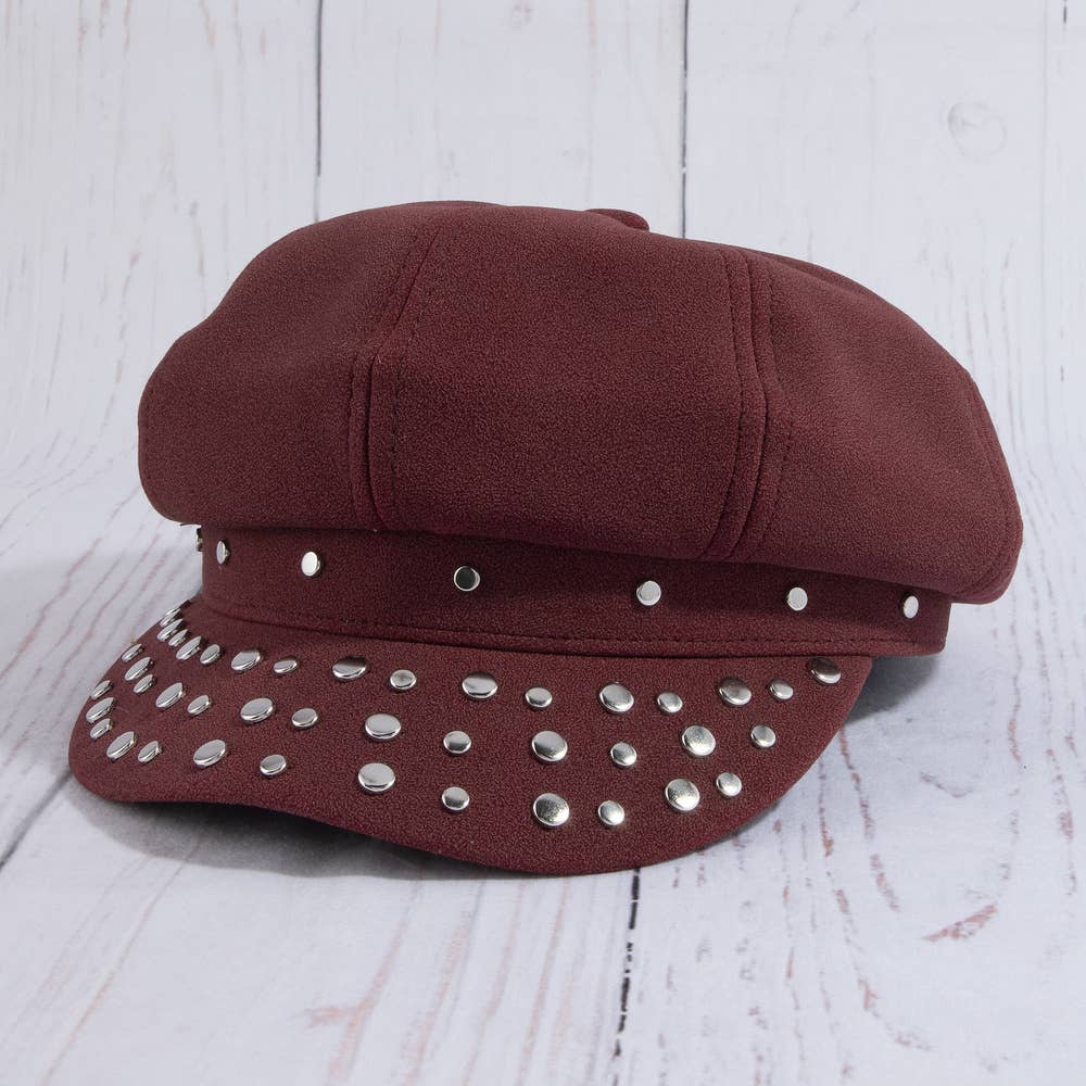 Studded Suede Cabbie Hat - Burgundy