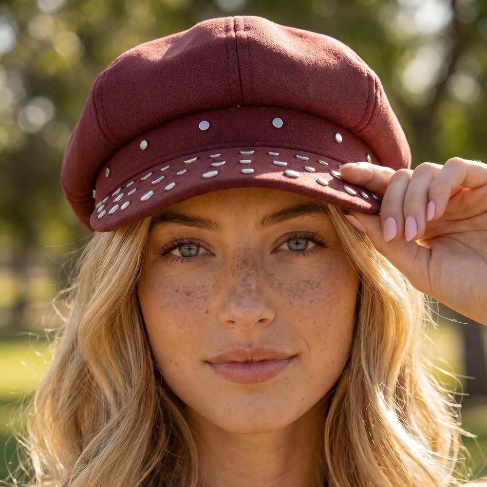 Studded Suede Cabbie Hat - Burgundy