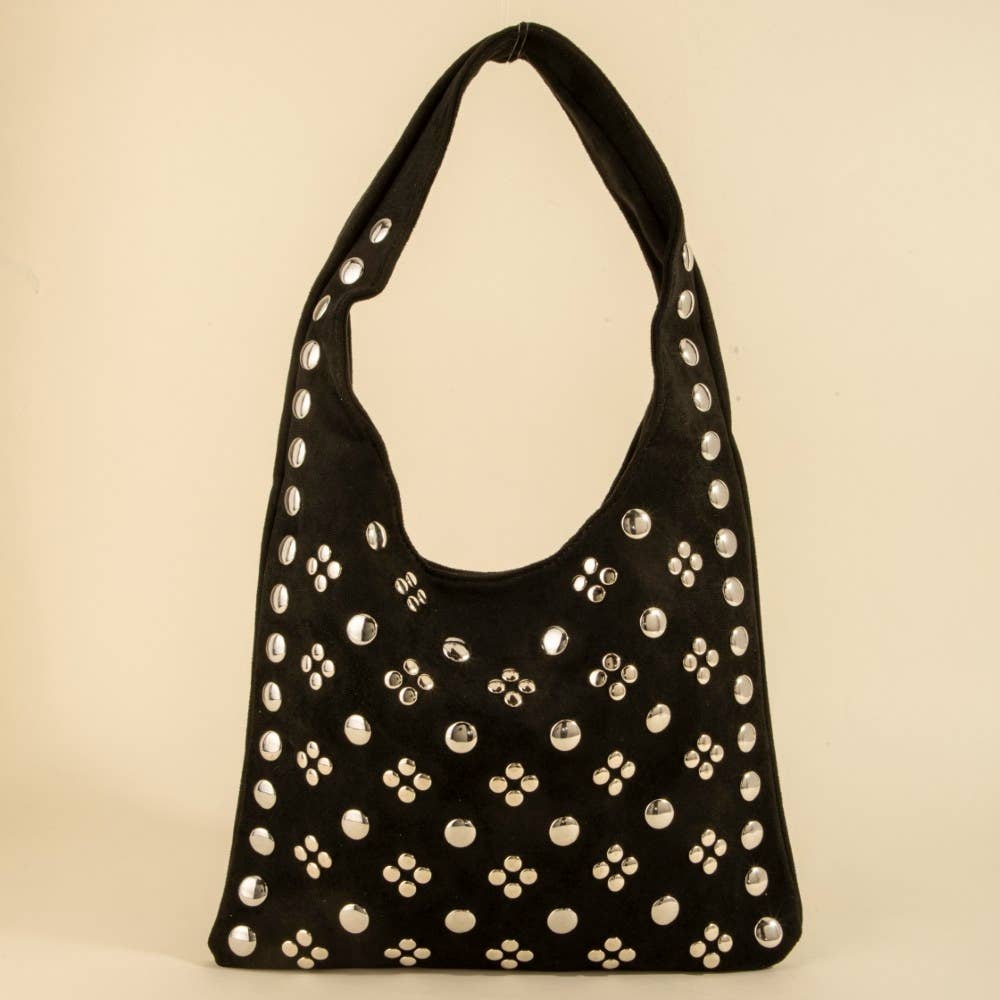 Studded Suede Hobo Shoulder Bag