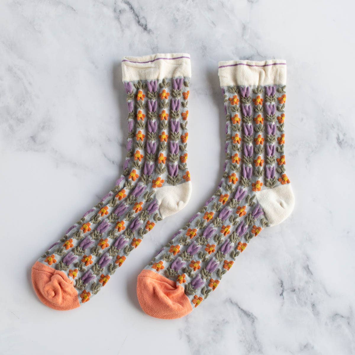 Vintage Floral Socks - Beige/Coral
