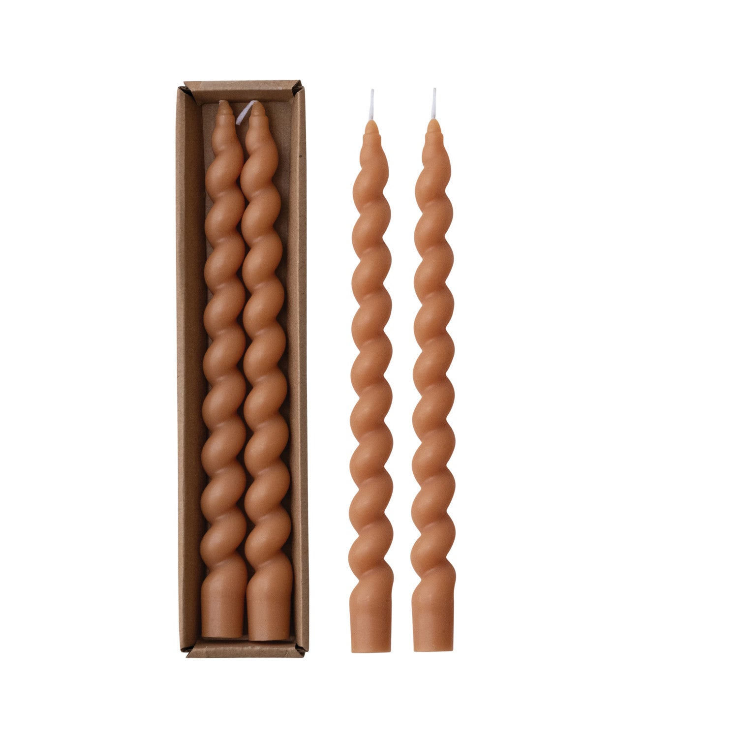 Tan Unscented Twisted Taper Candles in Box, Set of 2